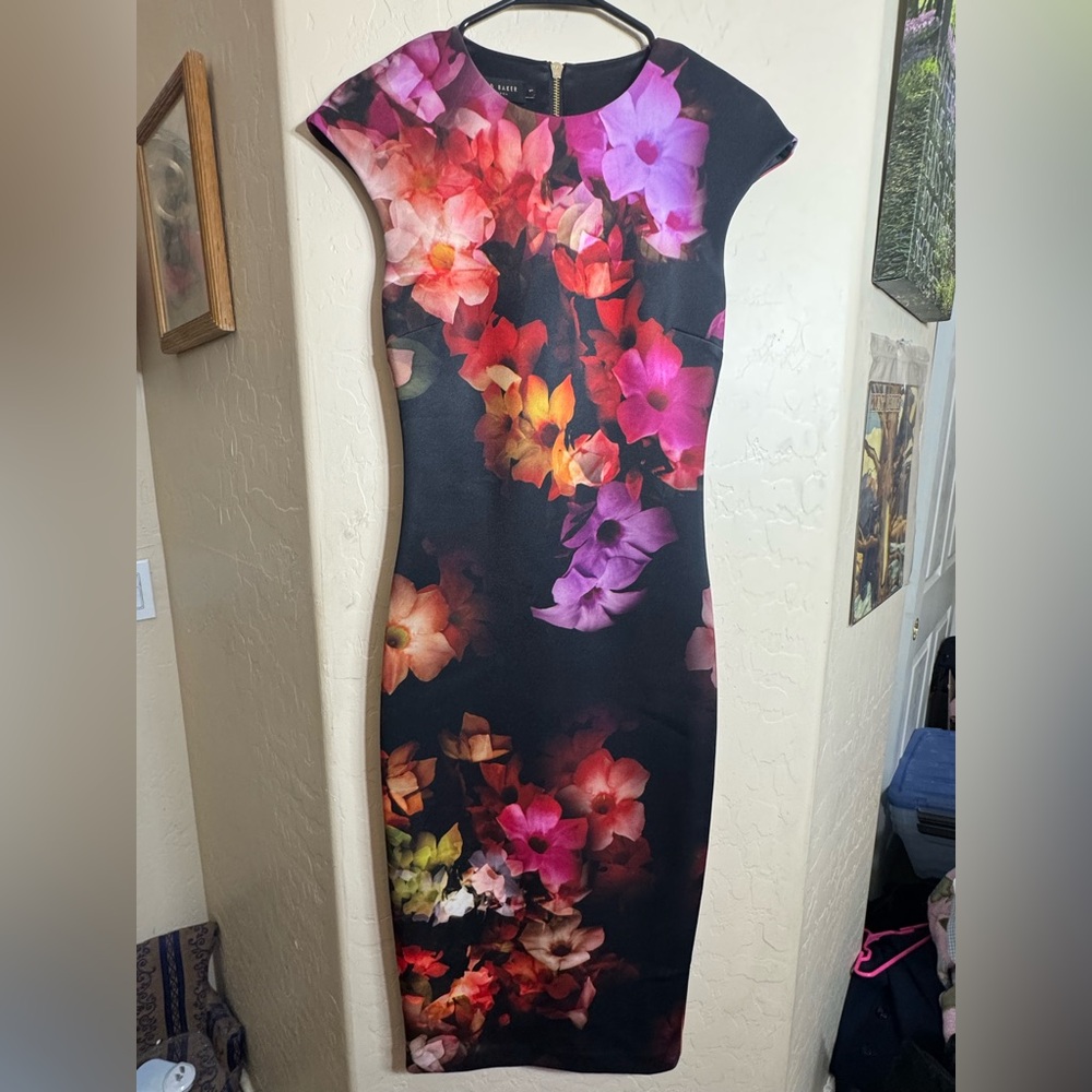 Ted Baker London Black Floral Midi Dress Cap Sleeve Bodycon Zip Back